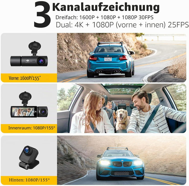 Z-Edge T3P 3 Kanal 4K Dashcam mit WiFi GPS, Vorne Innen Hinten 1600P+1080P+1080P, IPS Touchscreen, I