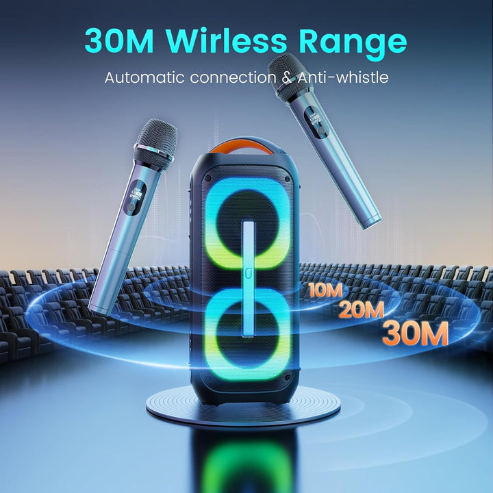 JYX Karaoke Anlage mit 2 drahtlosen Mikrofonen, Grosser Lautsprecher Bluetooth mit Rädern und Disco