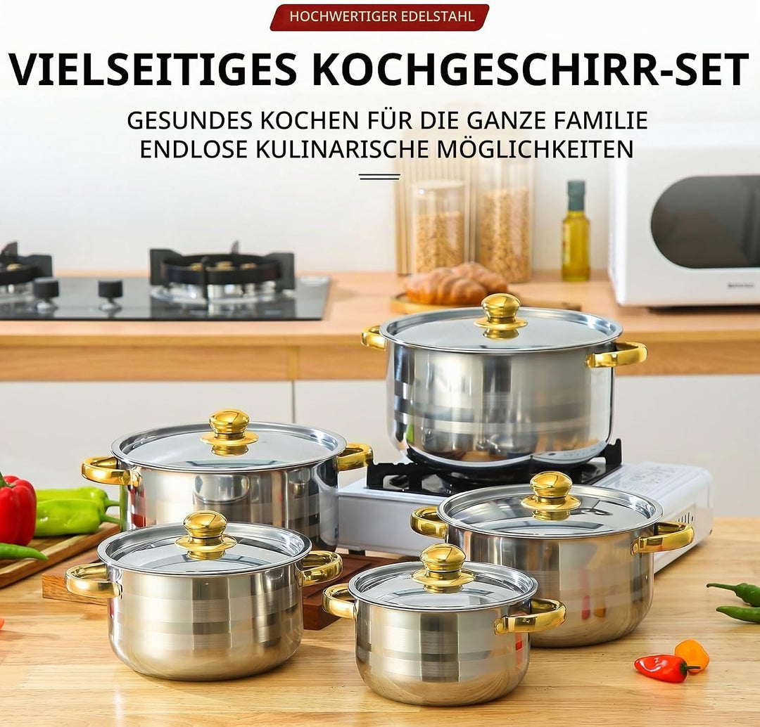 Edelstahl Kochgeschirr-Set, Topfset aus Edelstahl mit zwei Griffen, 10-teilig Töpfe Set mit Deckeln