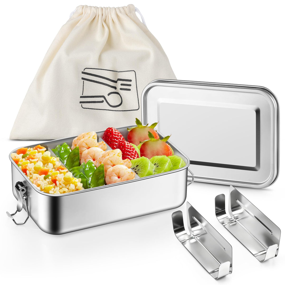 Homikit Edelstahl Brotdose mit 2 Fächern, 850ml Bento Box mit Tasche für Kinder und Erwachsene, Ausl