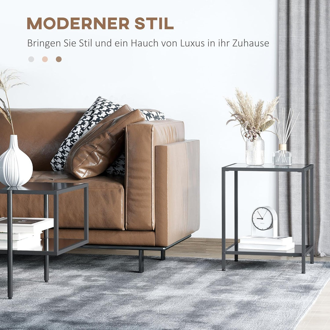 HOMCOM Beistelltisch Quadratischer Couchtisch mit 2 Ebenen, Wohnzimmertisch aus Hartglas und Stahl,