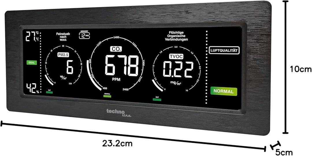 Technoline Luftgütemonitor, farbige Darstellung Co2 und TVOC Konzentration, Anzeige der Feinstaub -,