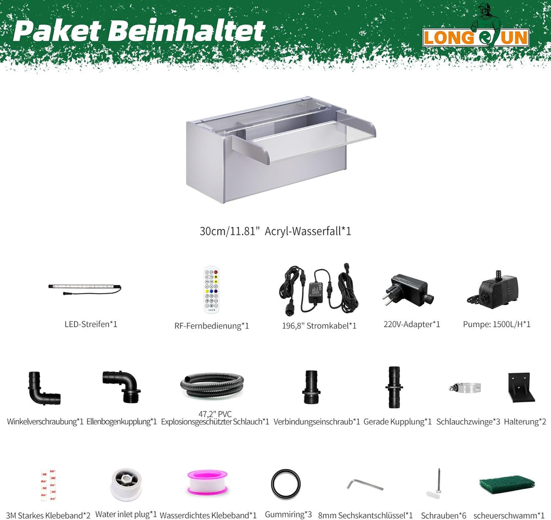 LONGRUN 30cm Teich-Wasserfall,Acryl Pool-Wasserfall mit Wasserpumpe,7 Farben Bluetooth LED Garten Br