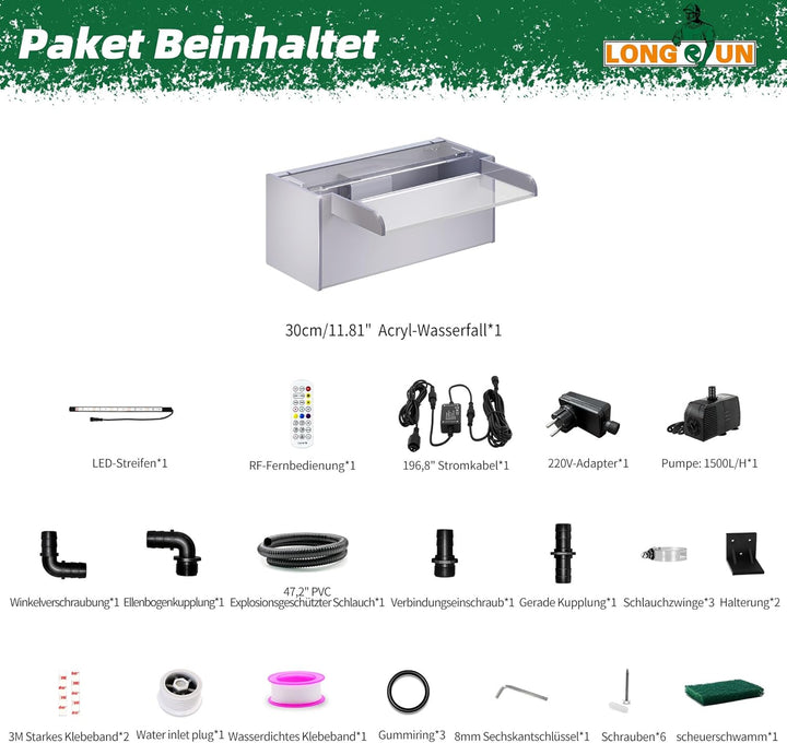 LONGRUN 30cm Teich-Wasserfall,Acryl Pool-Wasserfall mit Wasserpumpe,7 Farben Bluetooth LED Garten Br