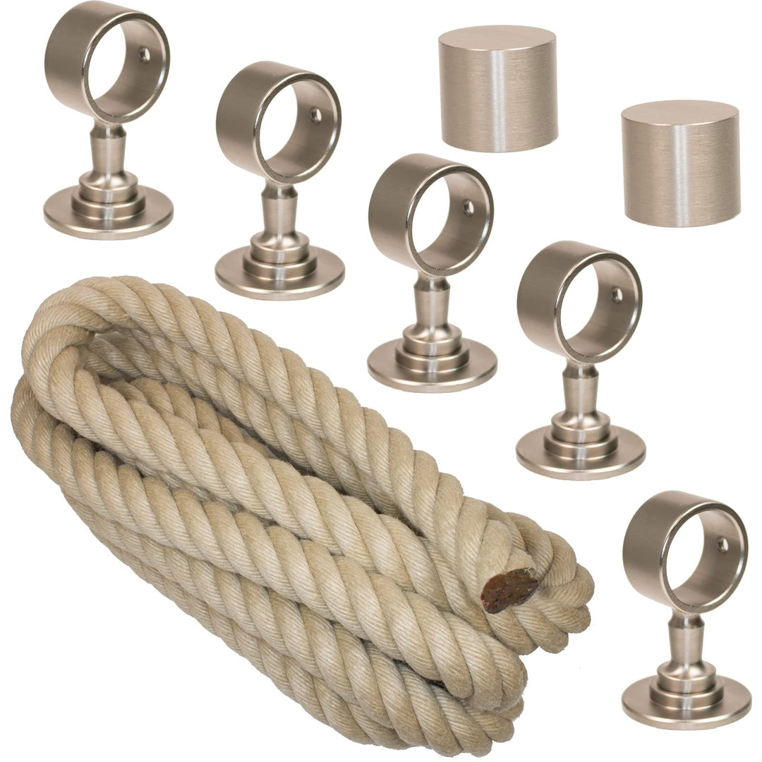 Handlaufseil Set 30mm - bestehend aus 2 Endkappen 5 Seilträger vernickelt und 5m "Nature Touch" Hand