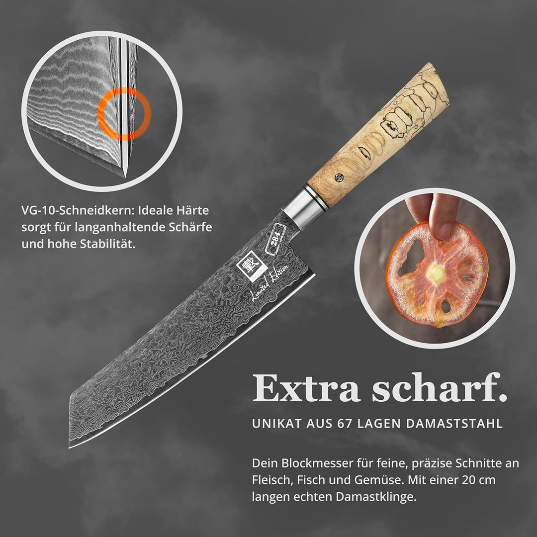zayiko Limited Edition Damastmesser Kiritsuke Black Meteor, 20 cm Klinge gefertigt aus 67 Lagen Dama
