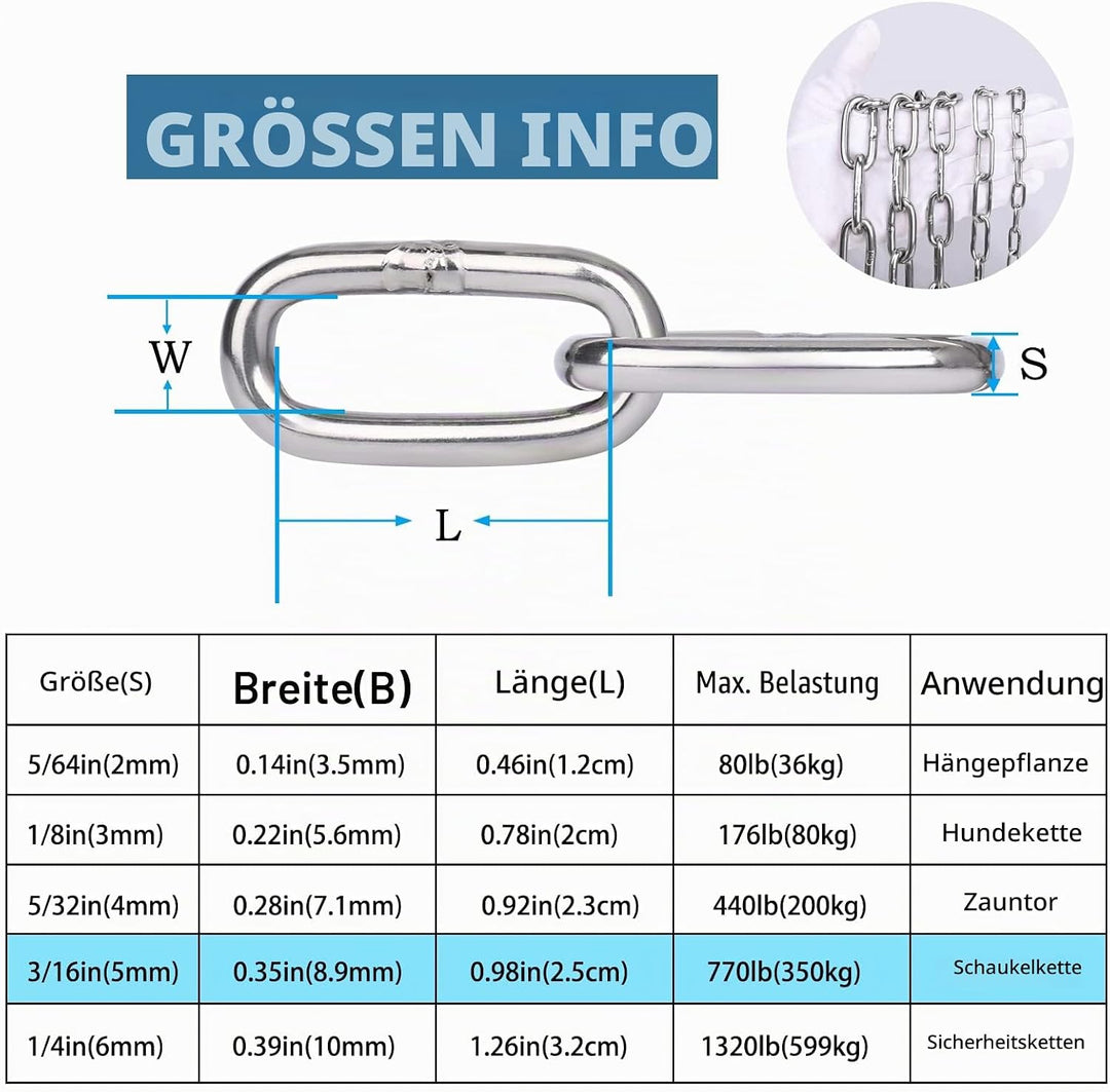 Edelstahl Ketten, 0,6m 5mm Starke Edelstahlkette Baumarkt in Vielen Längen &amp; Stärken bis 350Kg belas