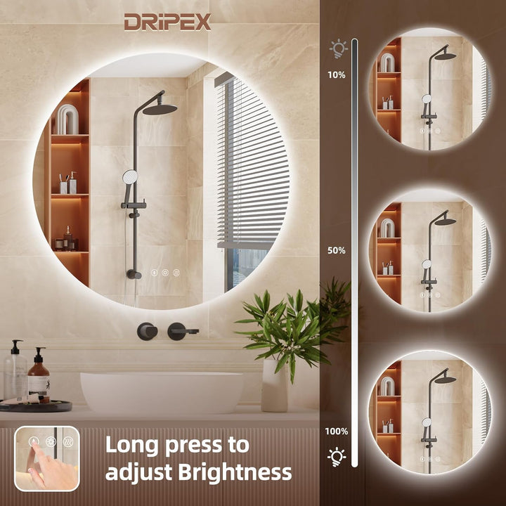 Dripex Badezimmerspiegel Led Badspiegel Rund, Touch-Schalter, Dimmbar, 3 Lichtfarbe Einstellbare Spi