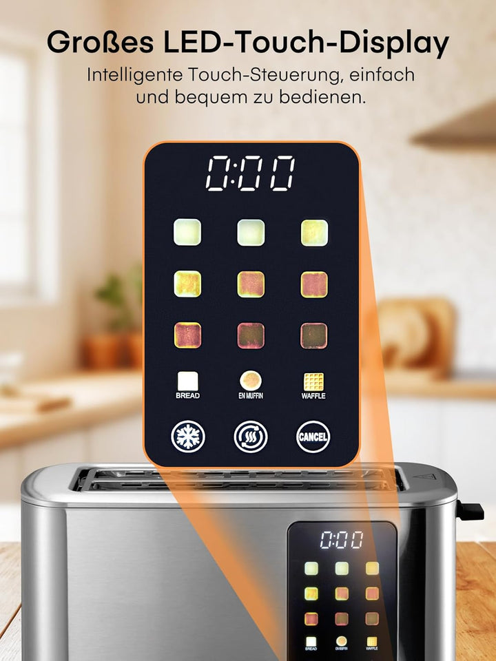 Toaster 4 Scheiben, Langschlitz Toaster, 1400W Edelstahl Toaster, 9 Farbeinstellungen und 3 Brotsort