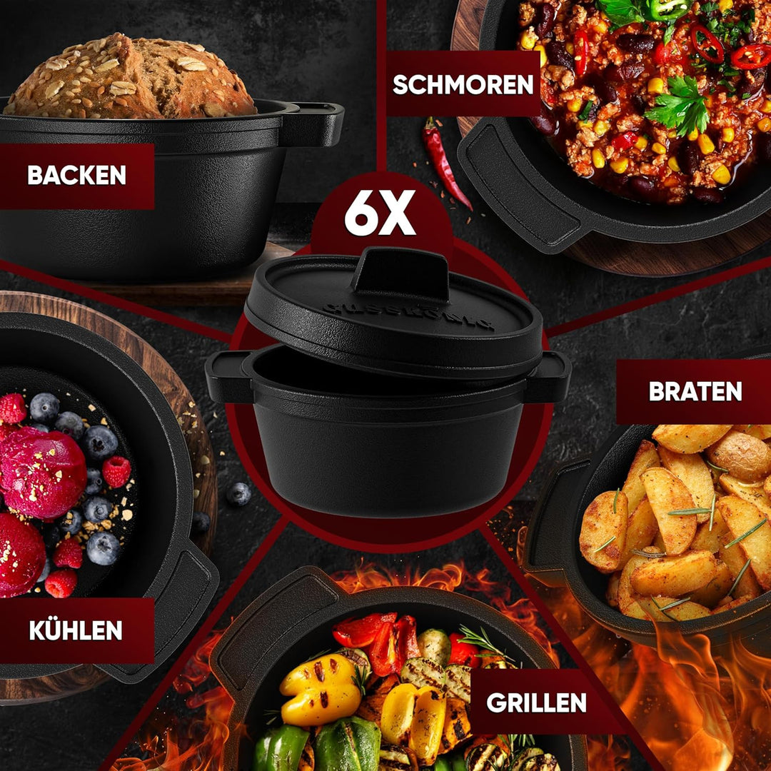 GUSSKÖNIG Dutch Oven Set Mini - 6x 300ml Gusseisen Mini Topf mit Deckel - bereits eingebrannter Mini