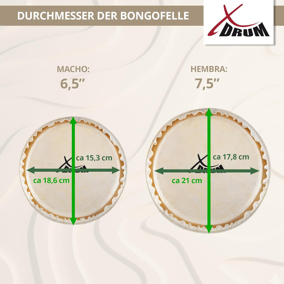 XDrum Bongos Pro Natur - 2 Trommeln mit 6,5" (17 cm) und 7,5" (20 cm) Durchmesser - Bongotrommeln mi