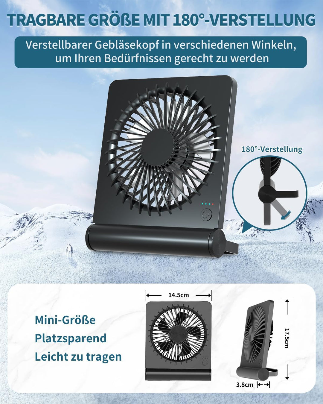 Kleiner Tischventilator, 2000mAh Tragbarer Wiederaufladbarer Ventilator, 3-Stufen-Variable, 220° Ein