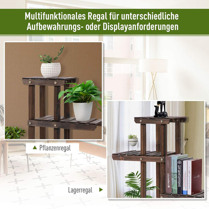 Outsunny Blumenständer, Pflanzenregal, Vierstufiges Blumenregal, Blumentreppe, Massivholz, Verkohlt,