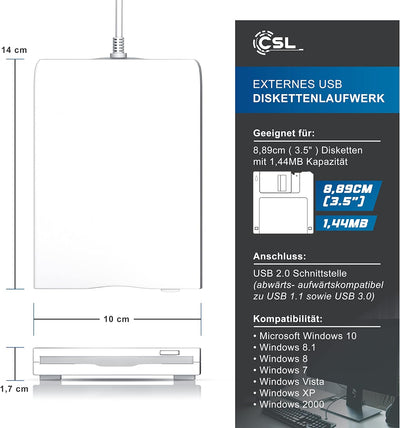 CSL - Externes USB Diskettenlaufwerk FDD 1,44MB 3,5 Zoll - PC und MAC - Slimline Floppy Disk Drive E