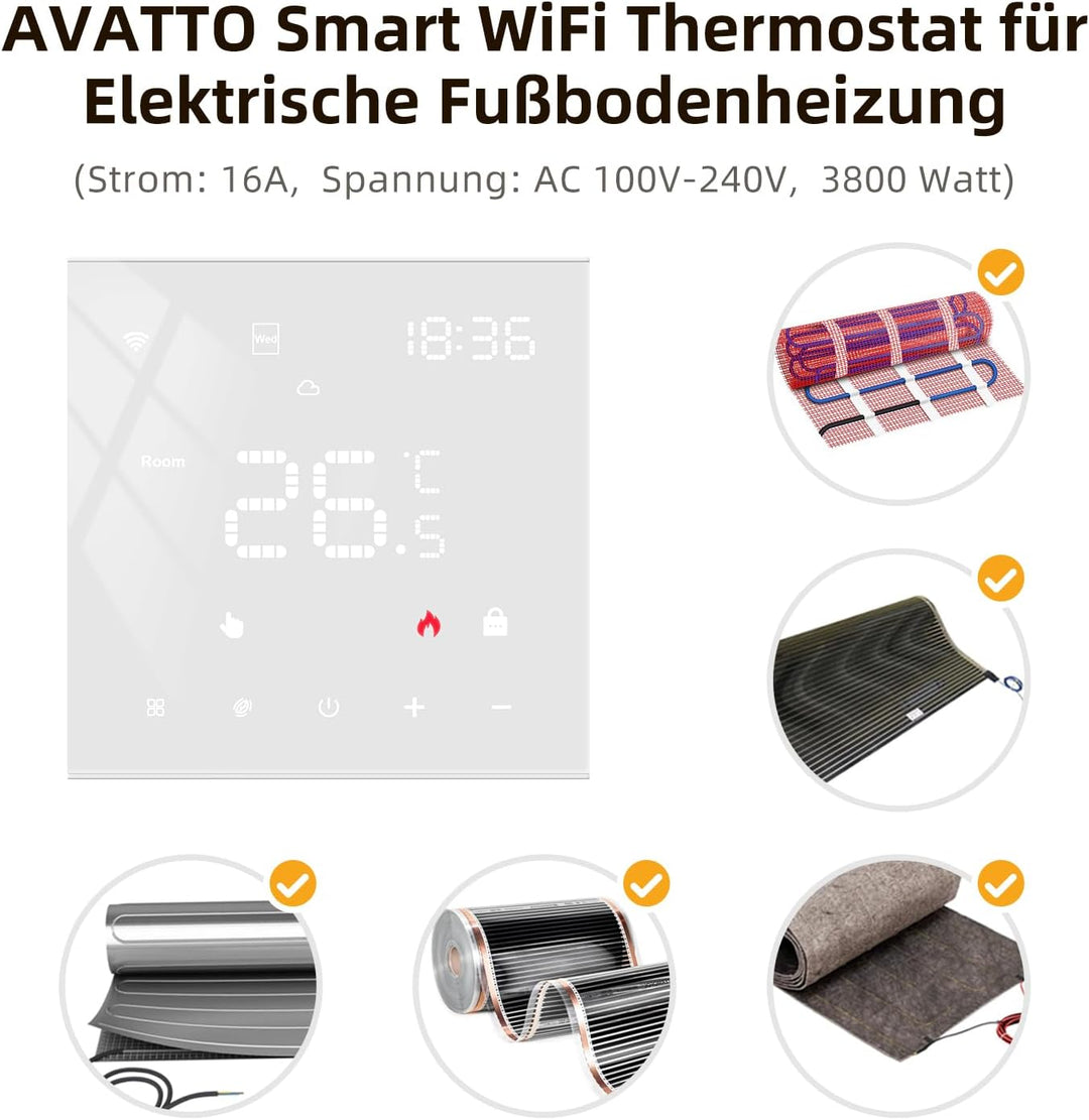 AVATTO Thermostat für Elektrische Fussbodenheizung Smart WiFi Thermostat Programmierbar Raumthermost