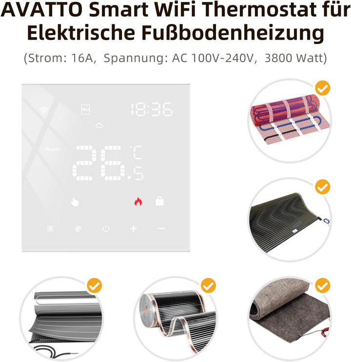 AVATTO Thermostat für Elektrische Fussbodenheizung Smart WiFi Thermostat Programmierbar Raumthermost