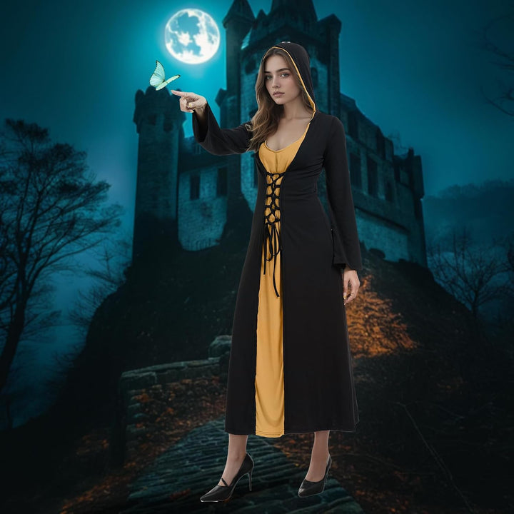 FSUJWOA Frauen Halloween Kostüme für Erwachsene mittelalterlich Kapuze Maxi Kleid für Frauen Mode Ro