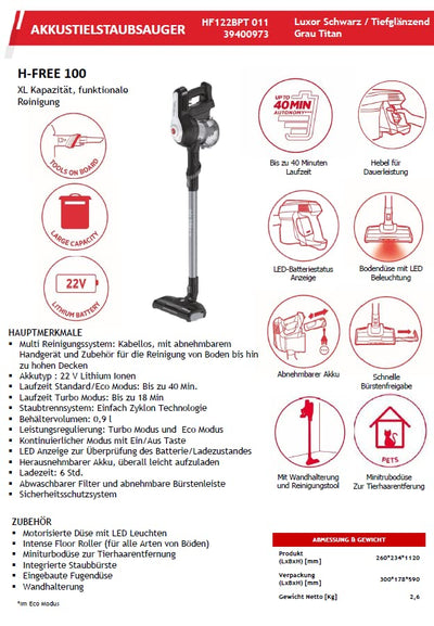 Hoover H-FREE 100 PETS Akku-Staubsauger, 2-in-1, Mini-Turbodüse für Tierhaare, bis zu 40 Min. Laufze