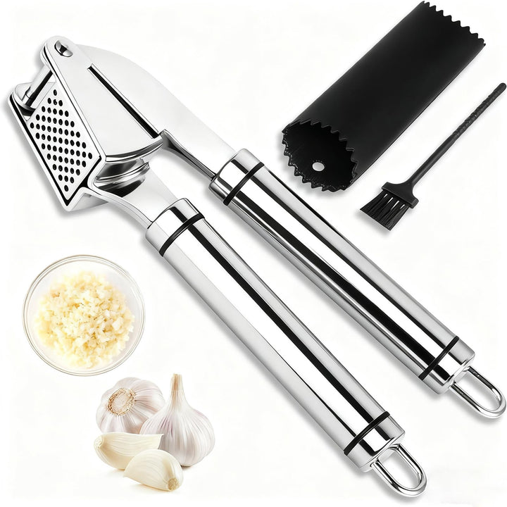 Knoblauchpresse Edelstahl Premium – 3 Set mit Schäler, Reinigungsbürste, Leicht zu Reinigen, Für Kno
