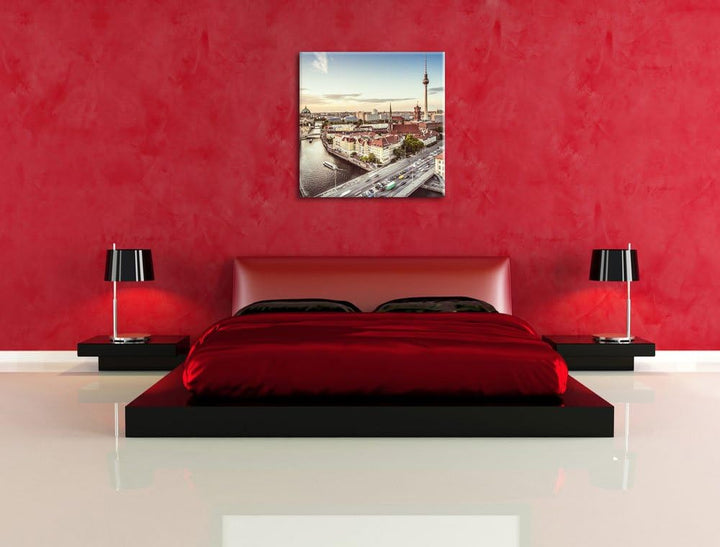 Skyline von Berlin, Format: 70x70 auf Leinwand, XXL riesige Bilder fertig gerahmt mit Keilrahmen, Ku