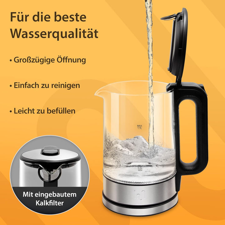 Impolio Classic Wasserkocher Glas, Wasserkocher 1,7L, Wasserkocher Edelstahl mit LED Beleuchtung, Wa