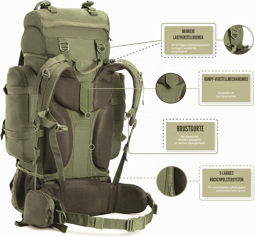 Tripole Rucksack Der Colonel-Serie Mit Innenrahmen - Mit Abnehmbarem Tagesrucksack Und Regenhülle 95