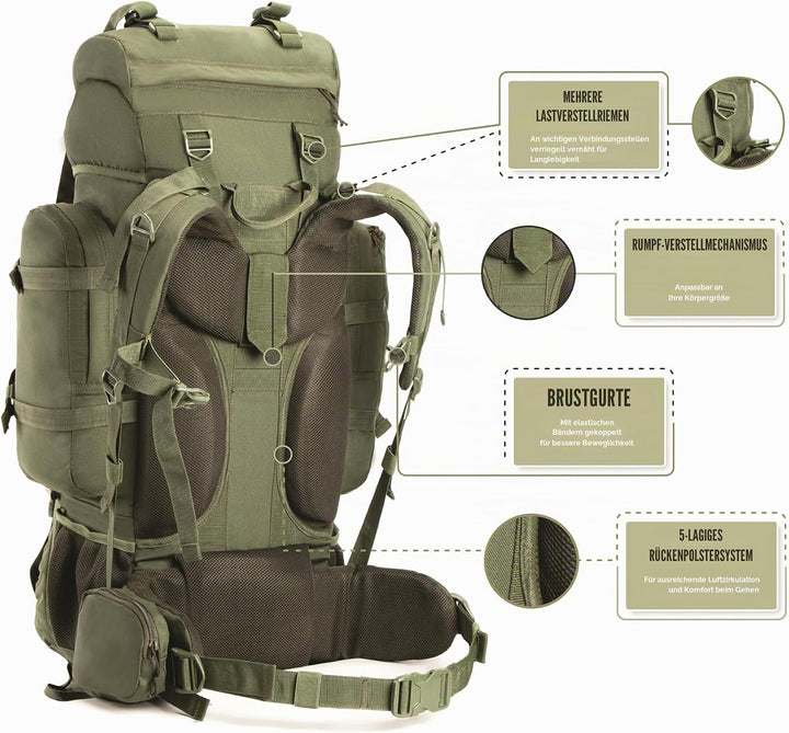 Tripole Rucksack Der Colonel-Serie Mit Innenrahmen - Mit Abnehmbarem Tagesrucksack Und Regenhülle 95