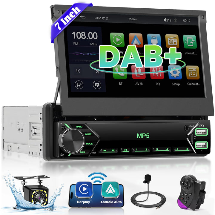 DAB/DAB+ Autoradio 1 DIN mit Ausfahrbarem 7-Zoll-Bildschirm, Unterstützt Wireless Carplay & Android