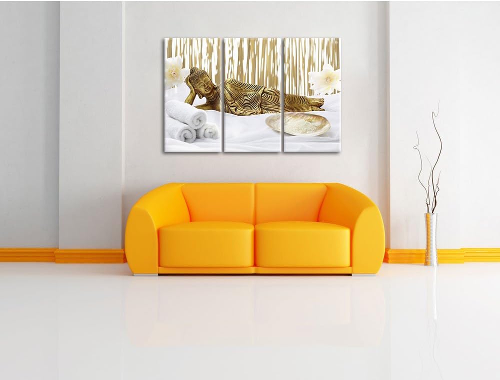 Pixxprint Goldener Buddha auf Handtuch als Leinwandbild/Grösse: 3 Teilig (120x80) / Wandbild/Kunstdr