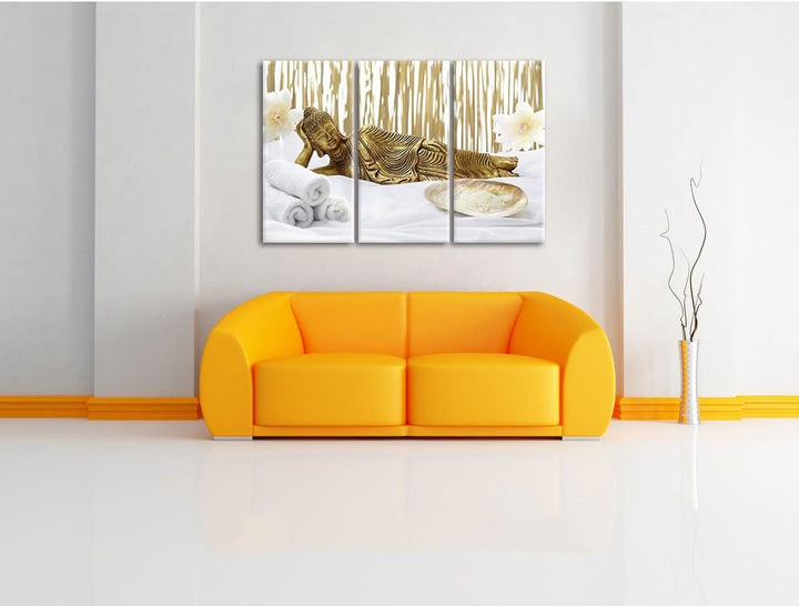 Pixxprint Goldener Buddha auf Handtuch als Leinwandbild/Grösse: 3 Teilig (120x80) / Wandbild/Kunstdr