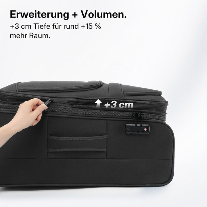 Münicase Stoffkoffer erweiterbar mit Frontfächern,15% Extra-Volumen, TSA-Schloss, 360° Doppelrollen