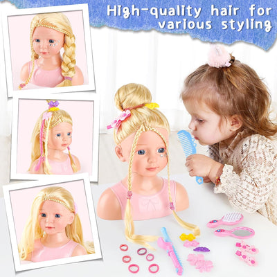 deAO Schminkkopf Puppe Frisierkopf für Kinder, 23cm Stylingkopf Langen Blonden Haaren mit Schminke u