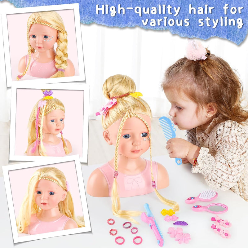 deAO Schminkkopf Puppe Frisierkopf für Kinder, 23cm Stylingkopf Langen Blonden Haaren mit Schminke u