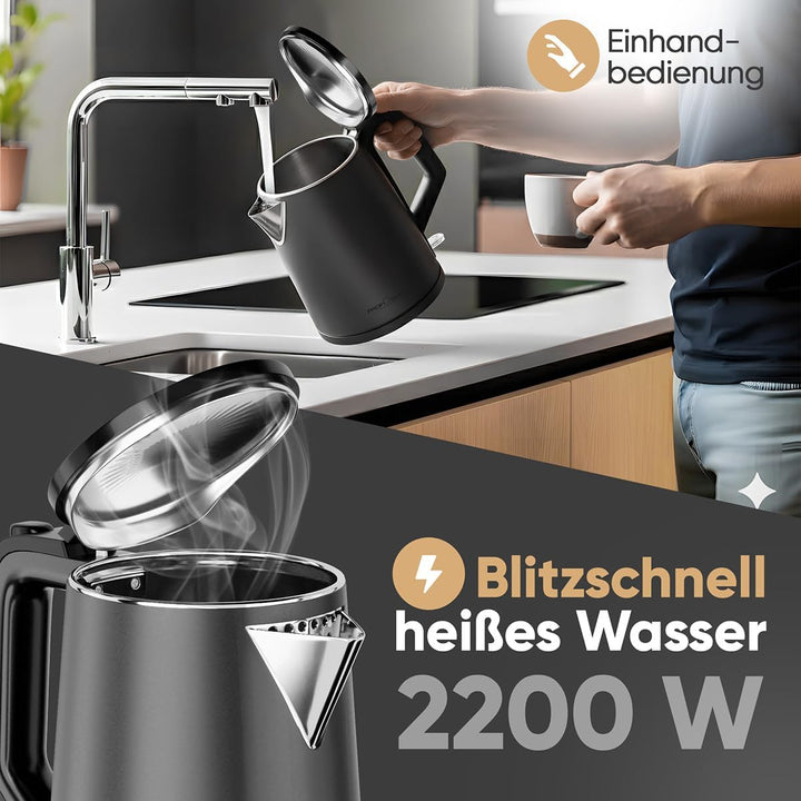 ProfiCook® Wasserkocher 1,5 Liter | 2200W | doppelwandiges Thermogehäuse | Einhandbedienung | Statio