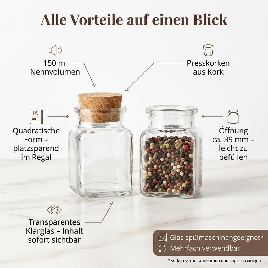 gouveo 24er Set Gewürzgläser 150 ml eckig mit Korken - Kleine Korkengläser mit Korkverschluss - Leer