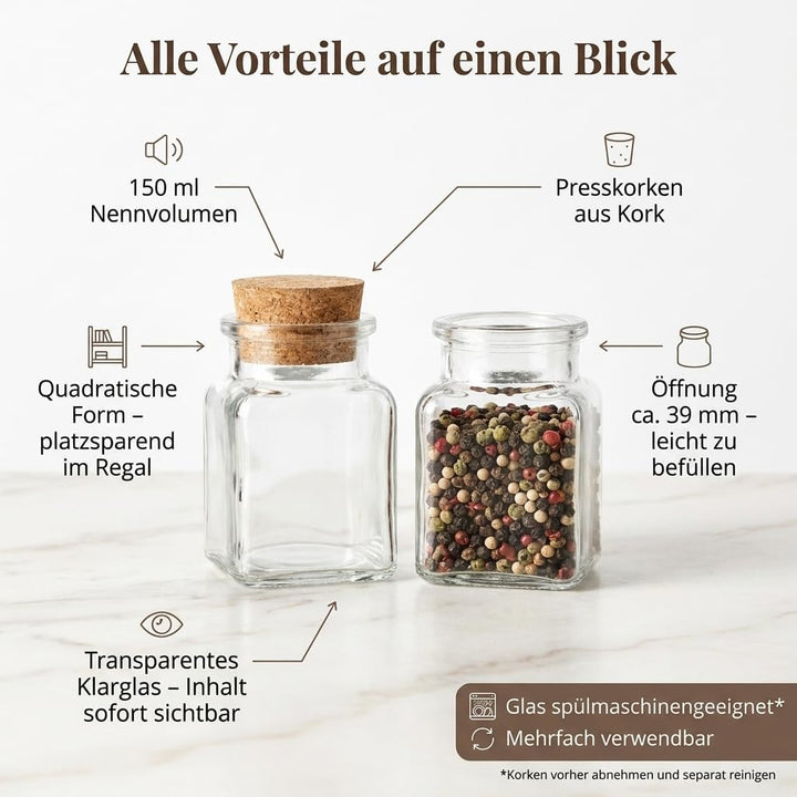 gouveo 24er Set Gewürzgläser 150 ml eckig mit Korken - Kleine Korkengläser mit Korkverschluss - Leer