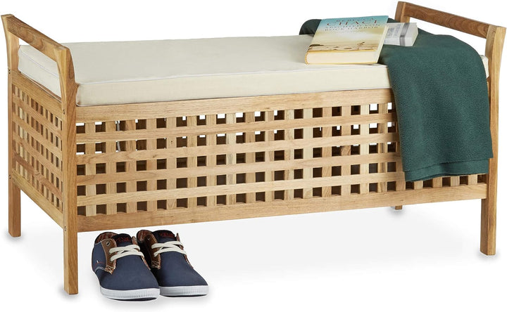 Relaxdays Sitzbank Walnuss mit Stauraum HBT: 46,5 x 92,6 x 49,0 cm Schuhtruhe aus Holz Sitzkommode m