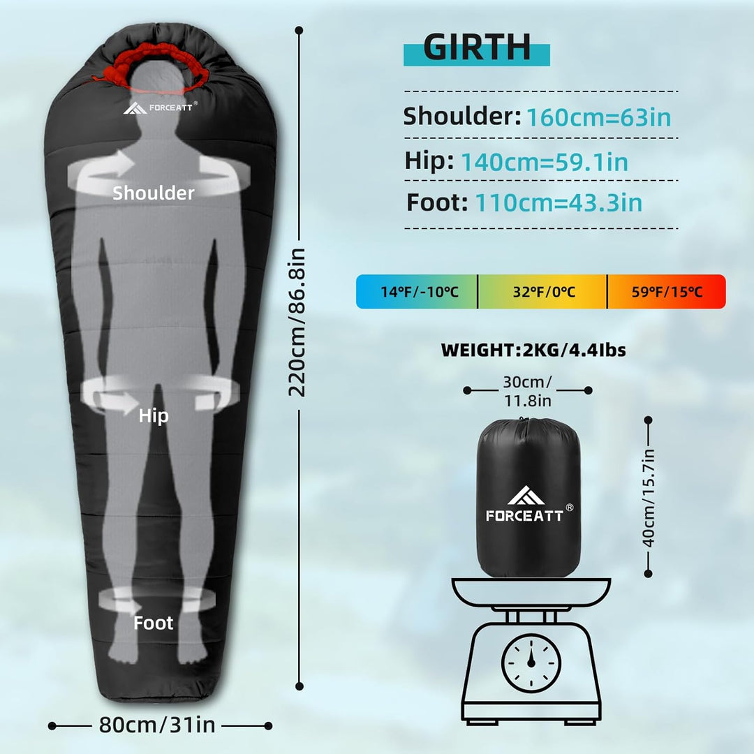Forceatt Schlafsack -10°C~15°C 4 Jahreszeiten, Mumienschlafsack Winter für Erwachsene Wasserdicht, S
