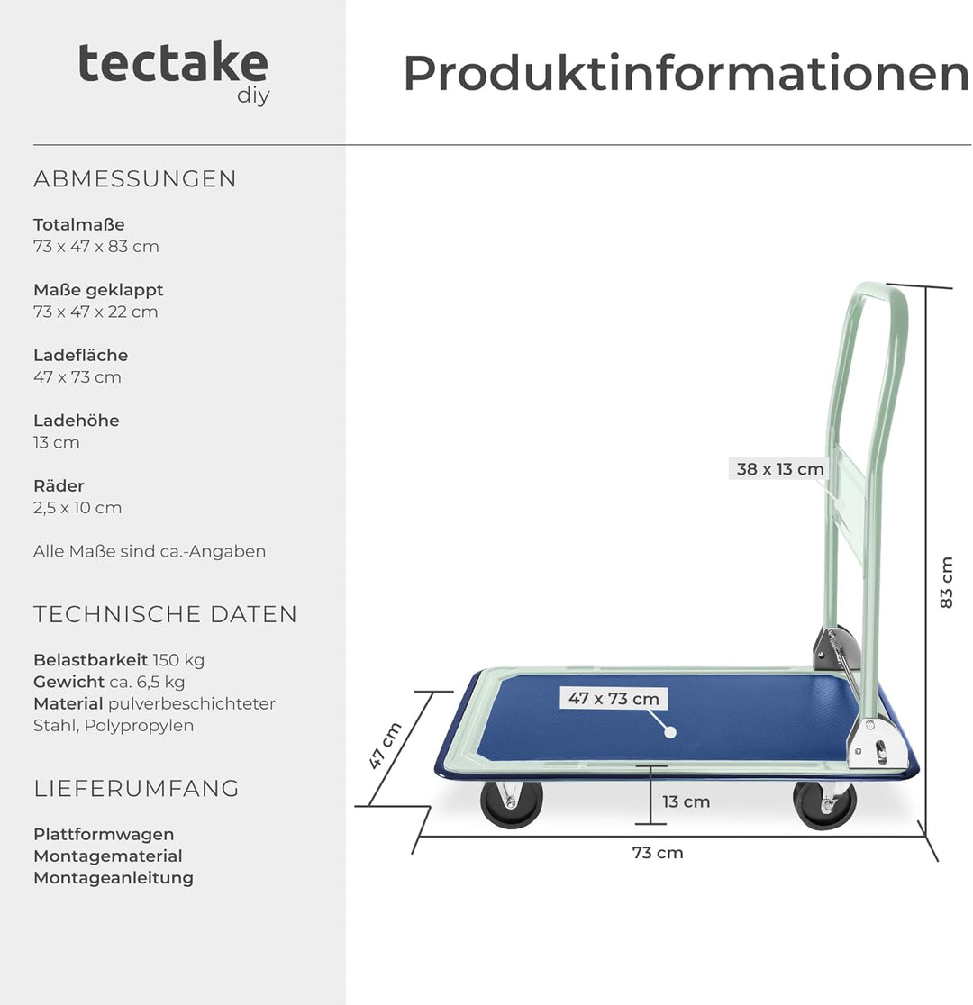 tectake® Plattformwagen 150 kg, Transportwagen klappbar, Transportroller, Rollwagen Metall, Wagen Tr