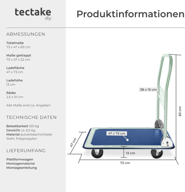 tectake® Plattformwagen 150 kg, Transportwagen klappbar, Transportroller, Rollwagen Metall, Wagen Tr