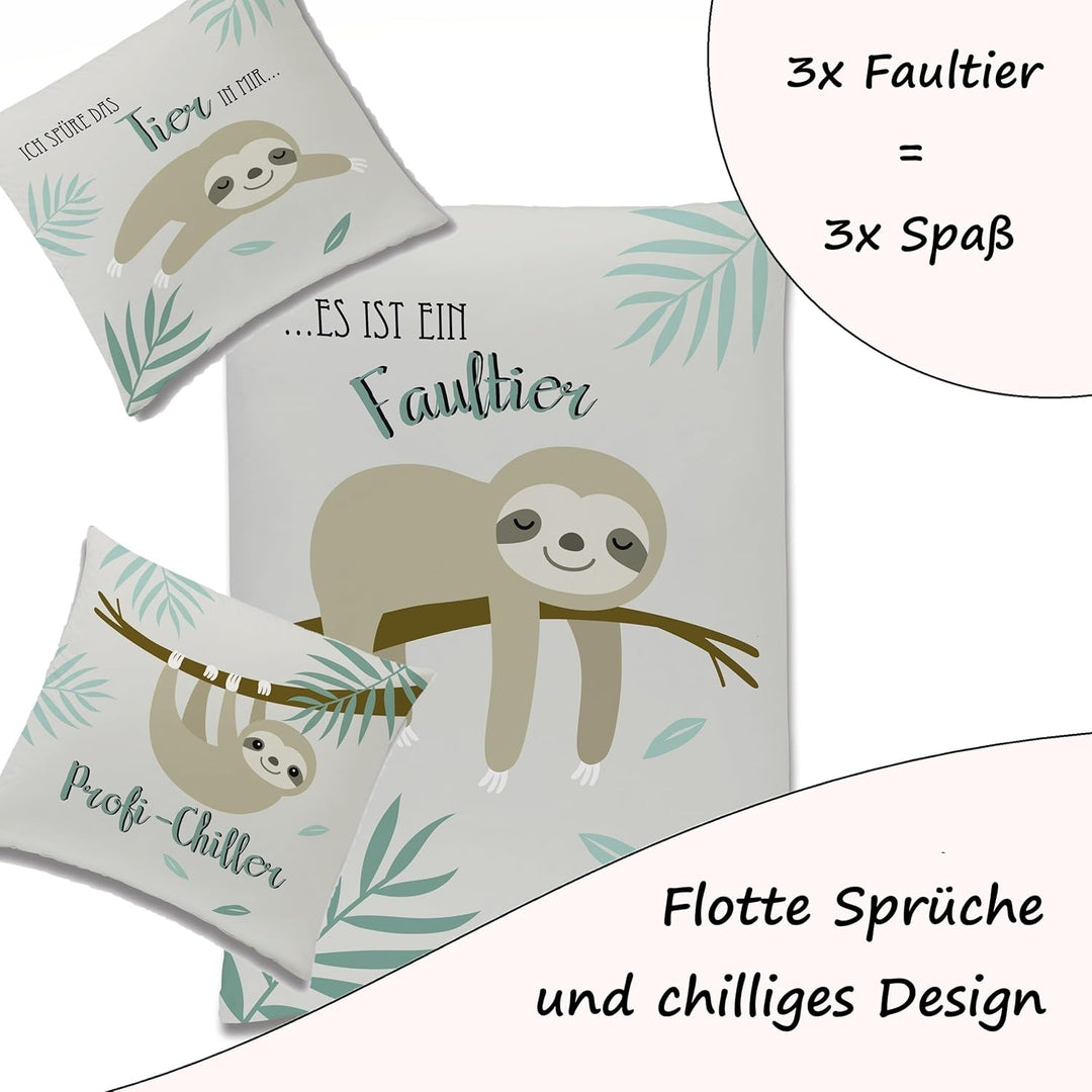 Familando Faultier Bettwäsche-Set 135x200 cm + Kissen 80x80 cm · Profi-Chiller · Kinder-Bettwäsche 1