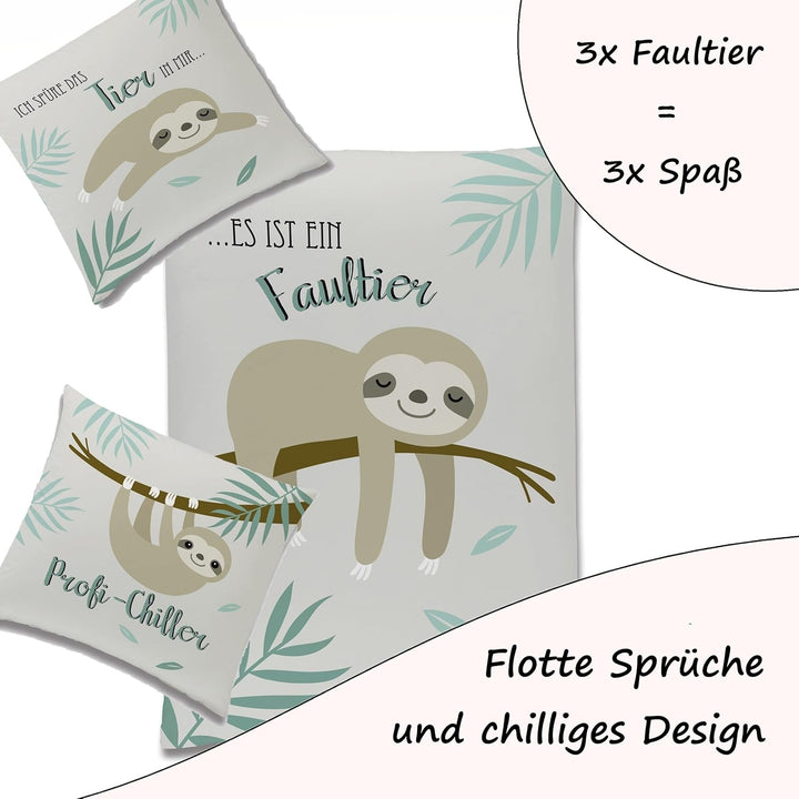 Familando Faultier Bettwäsche-Set 135x200 cm + Kissen 80x80 cm · Profi-Chiller · Kinder-Bettwäsche 1