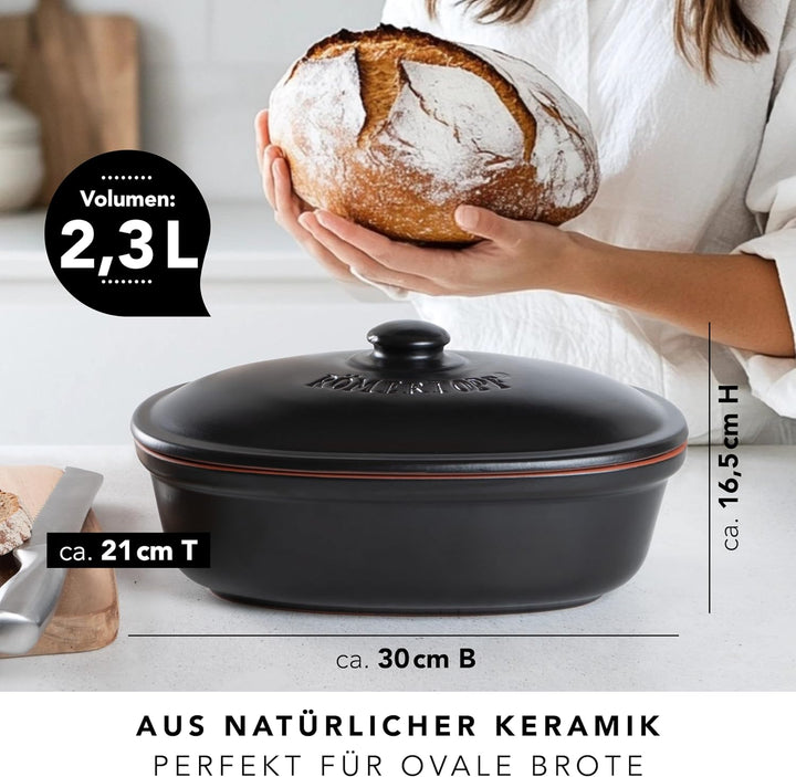 Römertopf Brottopf oval MEDI 2,3 Liter - Brotkasten Schwarz aus Keramik - Atmungsaktiver Tontopf für