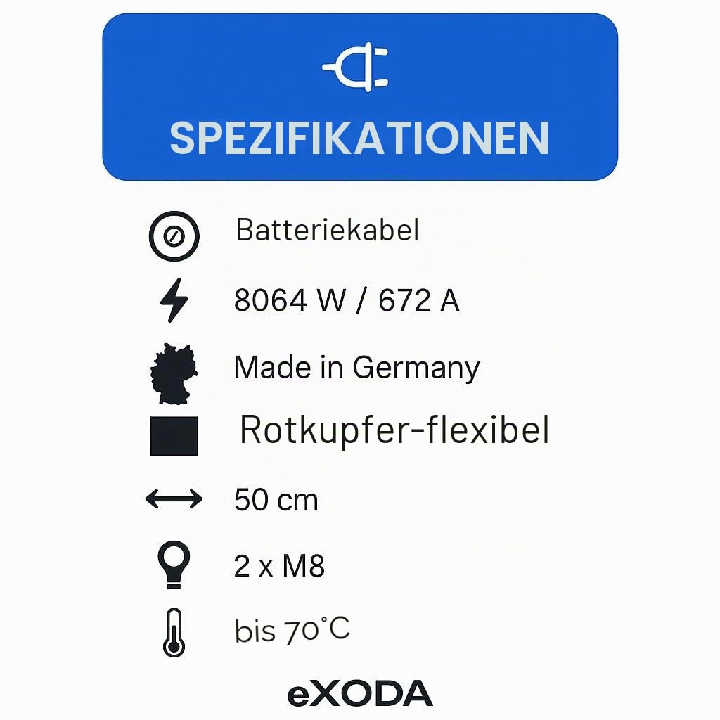eXODA 50mm² Batteriekabel 50cm M8 Kabelschuhe Rot 99 9% Kupfer max 8064 Watt 672A bei 12V ideal für