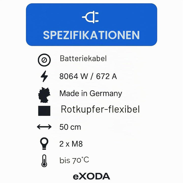 eXODA 50mm² Batteriekabel 50cm M8 Kabelschuhe Rot 99 9% Kupfer max 8064 Watt 672A bei 12V ideal für