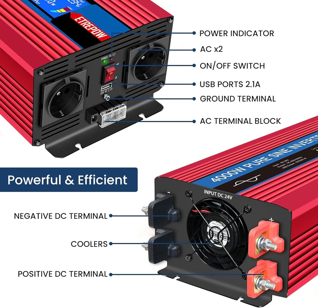 ETREPOW 4000w Spannungswandler 24v 230v Reine Sinus Wechselrichter mit 2 EU-Steckdosen und USB, kabe
