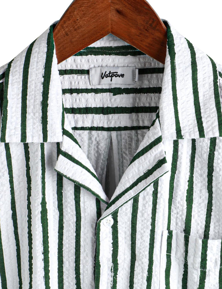 VATPAVE Herren Gestreifte Sommerhemd Casual Button Down Kurzarm Strand HawaiiHemd, Grünweiss