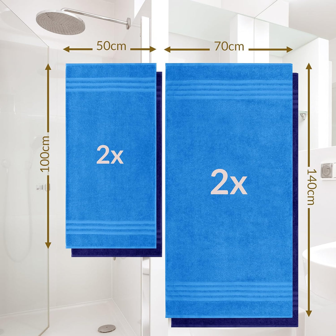 Lashuma Hochwertiges Duschhandtuch Set, 2X Baumwolltuch 50x100 – 2X 70x140, Capri Blau – Marine Lond