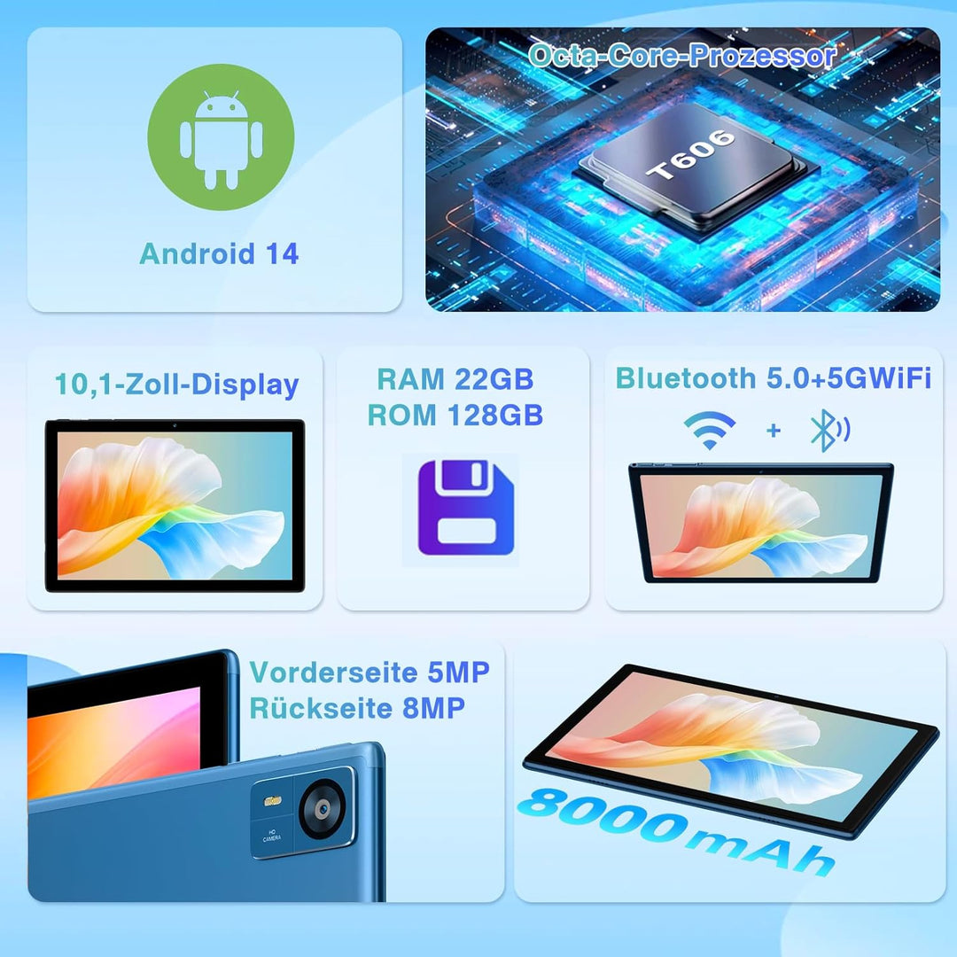 2025 Neueste Tablet 10 Zoll Android 14 mit 22GB RAM+128GB ROM 1TB TF, Octa-Core,Widevine L1,5G+2.4G