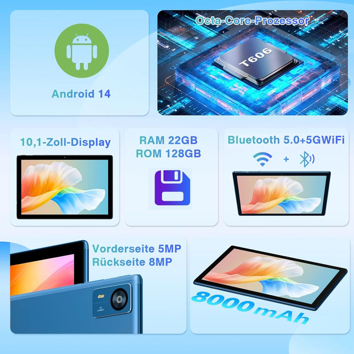 2025 Neueste Tablet 10 Zoll Android 14 mit 22GB RAM+128GB ROM 1TB TF, Octa-Core,Widevine L1,5G+2.4G